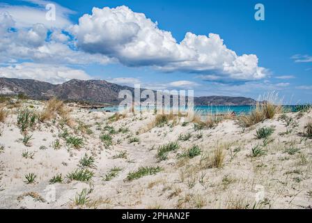 Elafonissi, im Südwesten von Kreta, ist berühmt für seinen rosa Sand und das niedrige türkisfarbene Wasser, wahrscheinlich der beste Strand auf ganz Kreta Stockfoto