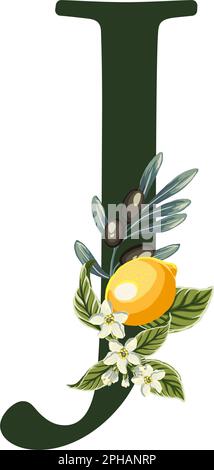 Abbildung: Buchstabe J aus Alphabet mit Zitronen und Olivenzweigen. Perfekte Grafiken für Hochzeitseinladungen, Grußkarten, Logos, Poster und mehr. Stock Vektor