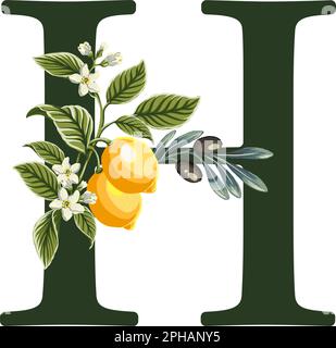 Abbildung: Buchstabe H aus Alphabet mit Zitronen und Olivenzweigen. Perfekte Grafiken für Hochzeitseinladungen, Grußkarten, Logos, Poster und mehr. Stock Vektor