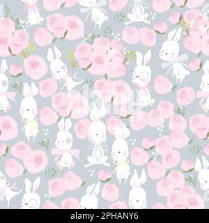 Nahtloses Muster mit süßen Kaninchen und rosafarbener Blume auf grauem Hintergrund Stock Vektor