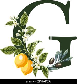 Illustration des Buchstabens G aus dem Alphabet mit Zitronen und Olivenzweigen. Perfekte Grafiken für Hochzeitseinladungen, Grußkarten, Logos, Poster und mehr. Stock Vektor