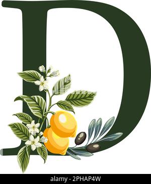 Abbildung: Buchstabe D aus Alphabet mit Zitronen und Olivenzweigen. Perfekte Grafiken für Hochzeitseinladungen, Grußkarten, Logos, Poster und mehr. Stock Vektor