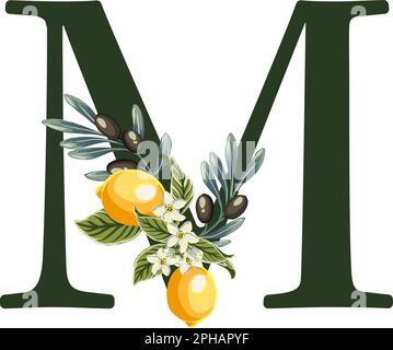 Abbildung: Buchstabe M aus Alphabet mit Zitronen und Olivenzweigen. Perfekte Grafiken für Hochzeitseinladungen, Grußkarten, Logos, Poster und mehr. Stock Vektor