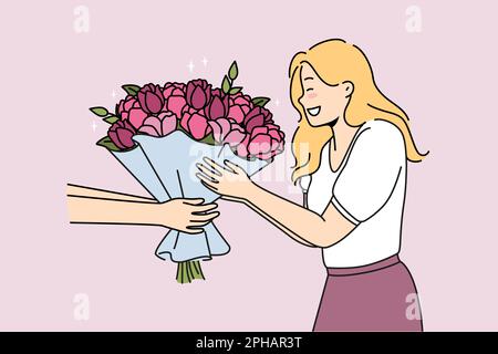 Aufgeregte Frau bekommt Blumen von Kurierdienst oder Liefermann. Lächelndes Mädchen erhält zum Geburtstag einen Blumenstrauß. Vektordarstellung. Stock Vektor