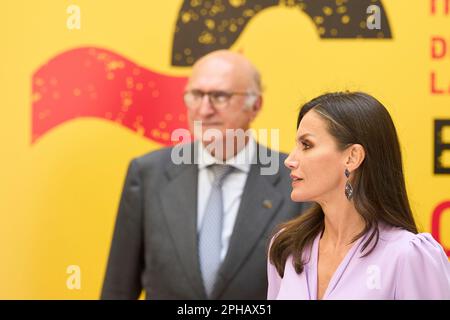 Cadiz, Spanien. 27. März 2023. Cadiz. Spanien. 20230327, Königin Letizia von Spanien besucht die Ausstellungen über die Okassion des 9. Internationalen Kongresses der spanischen Sprache im Ibero-American House am 27. März 2023 in Cadiz, Spanien Kredit: MPG/Alamy Live News Stockfoto