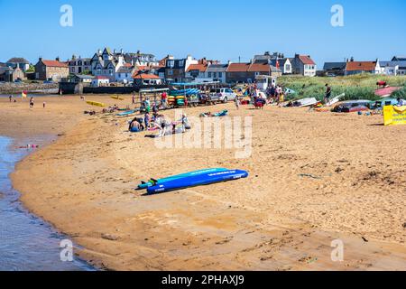 Besucher genießen die Sommersonne am Elie Beach - Elie, East Neuk of Fife, Schottland, Großbritannien Stockfoto