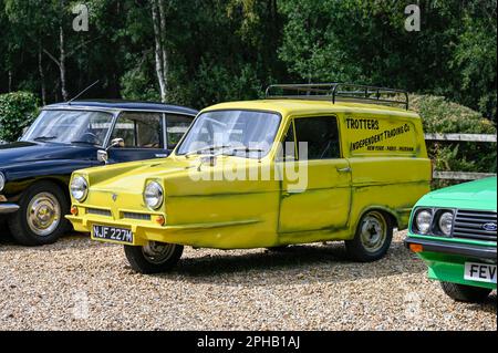 Gelber Reliant Robin, nur Narren und Pferde Replik Stockfoto