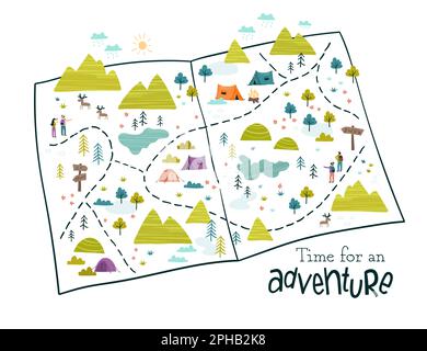 Niedliche, handgezeichnete Vektorkarte mit Campingkritzel, Zelten, Landschaft und Wanderwegen, ideal für Textilien, Banner, Tapeten Stock Vektor