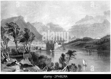 Eine Gravur von Kilchurn Castle, Loch Awe mit Blick auf Dalmally, Argyleshire, Schottland, Großbritannien, gescannt mit hoher Auflösung von einem 1840 gedruckten Buch. Stockfoto