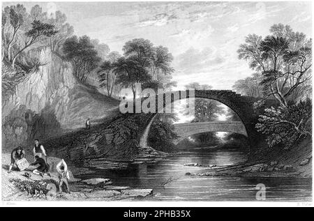 Eine Gravur der römischen Brücke über das Moose (Maus)-Wasser, Lanark, Schottland, Großbritannien, gescannt mit hoher Auflösung aus einem 1840 gedruckten Buch. Stockfoto