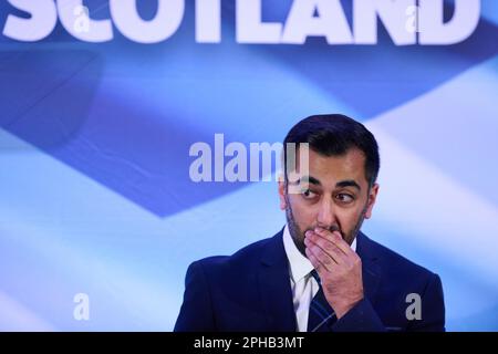 Edinburgh Scotland, Vereinigtes Königreich, 27. März 2023. Humza Yousaf bei der Bekanntgabe des Ergebnisses des SNP-Führungswettbewerbs im BT Murrayfield Stadium. Live-Nachrichten von sst/alamy Stockfoto