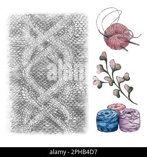 Aquarelle Abbildungen von Garnkugeln und Hintergrund Stockfoto