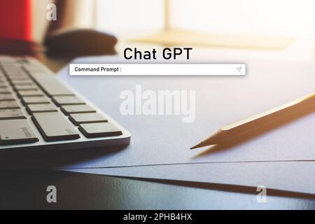 KI mit künstlicher Intelligenz, IoT-Konzept für das Internet der Dinge. Geschäftsmann, der ein Notebook mit technischem Hintergrund verwendet, Ai.Chat GPT Chat mit AI Arti Stockfoto