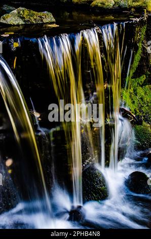 Ein Fluss aus kristallklarem Wasser fließt über ein Bett aus moosem Felsen. Stockfoto