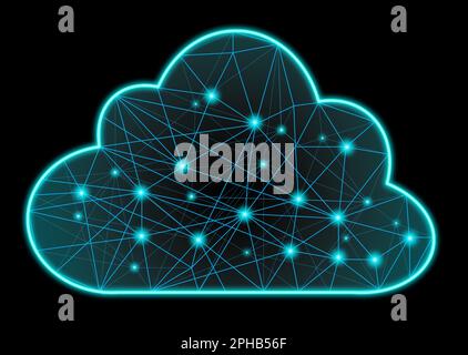 Cloud-Computing-Technologiekonzept. Polygonale niedrige Polywolke mit leuchtenden Linien und Punkten auf schwarzem Hintergrund. Stockfoto