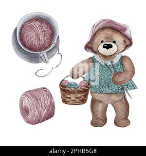 Süßer Teddybär in einem Strickkleid mit Stricknadeln und Garnknäueln in einem Korb Stockfoto