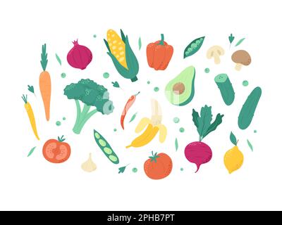 Obst und Gemüse, eine Auswahl an gesunden vegetarischen oder veganen Speisen. Handgezeichnete Vektordarstellung im trendigen minimalistischen Stil Stock Vektor