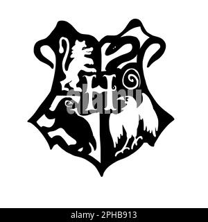 Harry Potter Hogwarts-Logo im Cartoon-Doodle-Stil. Vektordarstellung isoliert auf weißem Hintergrund. Stock Vektor