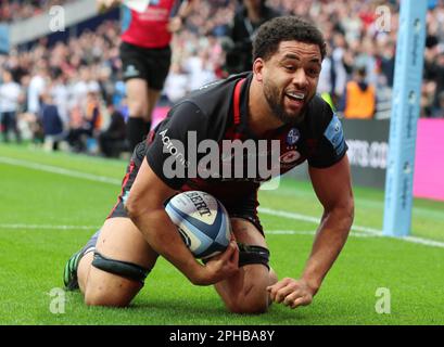 Andy Christie aus Saracens feiert seinen Versuch während des Gallagher Premiership Rugby-Spiels zwischen Saracens und Harlequins im Tottenham Hotspur S. Stockfoto