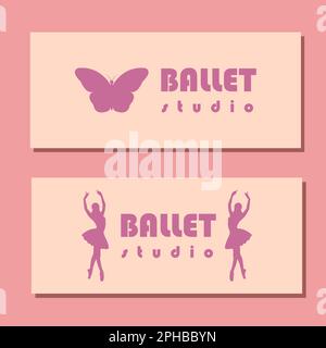 Entwurf von Theaterkarten. Ballettschüler-Flyer-Vorlage. Ballerina-Silhouette im Tutu- und pointe-Schuh mit Schmetterling. Braune und lilafarbene Karte. Vektordarstellung Stock Vektor