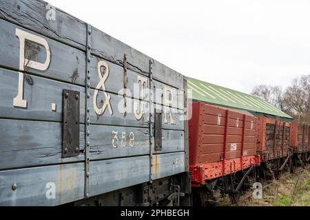 Eine alte Dampflokomotive bei Tanfield Railway, der ältesten Eisenbahn der Welt in Tanfield, County Durham, Großbritannien. Stockfoto