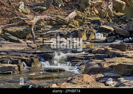 Eine lange Exposition von Wolf Creek, einem fließenden Bach mit kleinen Wasserfällen, die einen felsigen Felsenhügel hinunterstürzen. In Ridgefield, New Jersey, USA. Stockfoto