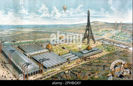 Allgemeiner Blick auf den Eiffelturm und die Ausstellung Universelle im Jahr 1889. Stockfoto