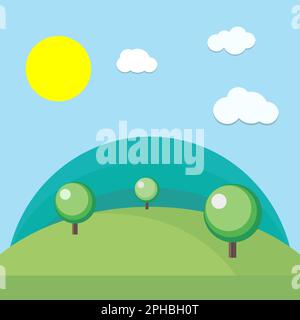 Vektordarstellung der wunderschönen Sommerfelder, grüne Hügel, blauer Himmel im Cartoon-Stil Stock Vektor