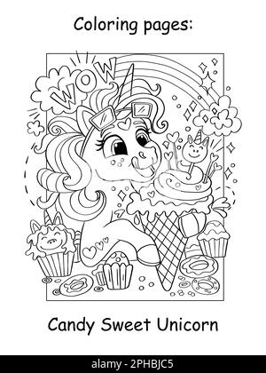 Süßes, wunderschönes Einhorn-Mädchen isst leckeres Eis mit Schriftzug Wow. Cartoon-Vektordarstellung. Malbuchseite für Kinder mit Farbvorlage. Für Spalte Stock Vektor