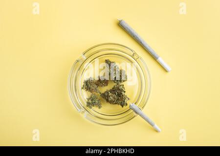 Trockene Knospen von medizinischem Marihuana liegen in einem Aschenbecher aus Glas, neben zwei Cannabisgelenken unterschiedlicher Größe, auf einem hellgelben Hintergrund. Viel Platz Stockfoto