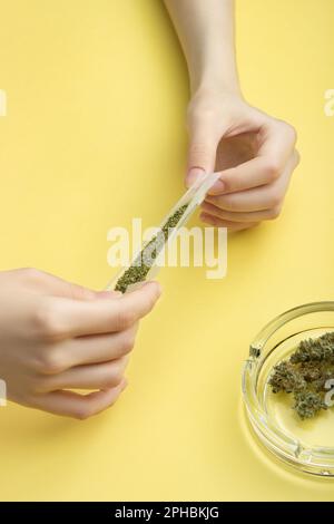 In Frauenhänden, Papier für ein Gelenk, ein Filter und zerdrücktes medizinisches Marihuana, daneben sind Cannabisknospen und ein Glas Aschenbecher. Gegen einen hellen Bananen Stockfoto