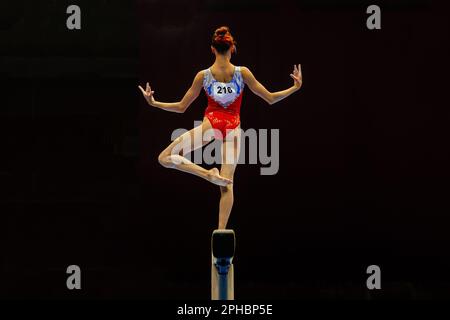 Eine Sportlerin, die mit Balancestrahlgymnastik und olympischen Sportarten im Sommer trainiert Stockfoto