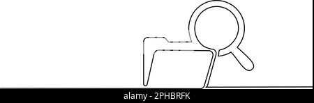 Papierordner mit Lupe. Konzept für Büronotizen. Durchgehende einzeilige Zeichnung eines Papierbogendokuments. Konzept der Geschäftsanalyse Stock Vektor