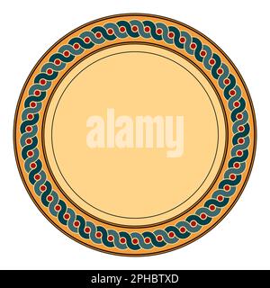Scheibe mit altgriechischem, geschwungenem Keramikmotiv. Runde, cremefarbene Platte mit zwei kräftigen, geschwungenen Linien, die eine kreisförmige Verzierung bilden. Stockfoto