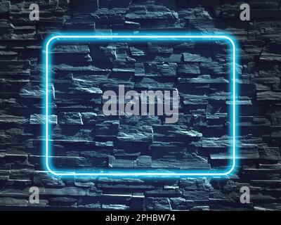 Dekorative Wandtextur aus Stein mit blau leuchtendem Neonfarbrahmen für Modelle und Designs. Stockfoto