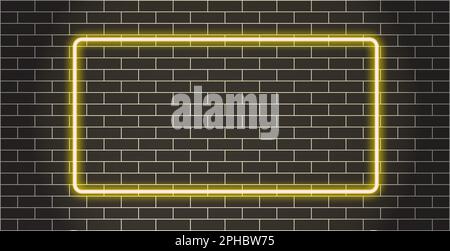 Schwarze Backsteinwand mit gelbem, leuchtendem Neonlicht und Grafikdesign. Stockfoto