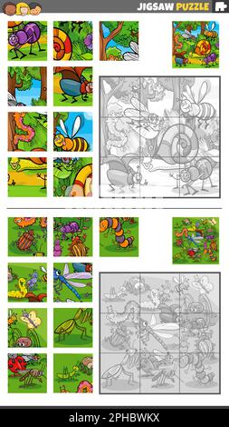 Cartoon-Illustration von pädagogischen Puzzle-Spielen mit lustigen Insekten und Tierfiguren Stock Vektor