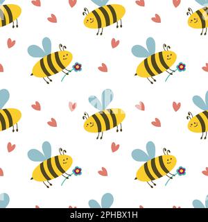 Nahtloses Muster mit Bienen und Herzen. Weltbienentag. Für Textil, Leinwand, Hintergrund oder Geschenkpapier. Abbildung eines flachen Vektors Stock Vektor