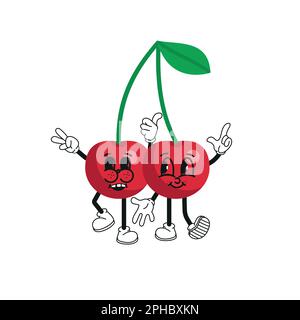 Vector-lustige Kirschen in Form von Herzen im Retro-Stil. Y2K Aufkleber mit lächelnden roten Kirschen. Einen schönen Valentinstag. Liebesillustrierung in flacher Ausführung Stock Vektor