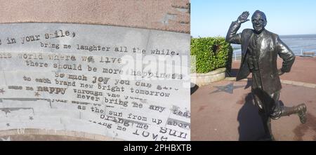 Die Statue von Eric Morecambe (Eric Bartholomew. 1926-1984) der ehemaligen Komödie Due Morecambe und Wise. Es steht an der Küste von Morecambe, Lancashire, Großbritannien, an der Spitze einer Reihe von Stufen, die mit den Worten der Paare, die Signature-Melodie „Bring Me Sunshine“ in einer Schreibmaschinenschrift eingraviert sind. Es wurde von Graham Ibbeson geformt und im Juli 1999 von der verstorbenen Königin Elizabeth II. Enthüllt. Es liegt nicht weit vom bekannten Uhrenturm mit 1905 Uhr. Entworfen von Cressey und Keighley aus rotem Ziegelstein mit Sandsteinstreifen und Dressings. Stockfoto