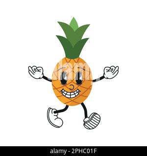 Retro-Cartoon mit lustigen Comics und Handschuhen. Ananas Aufkleber Figuren 70s, Steps 10 Stock Vektor