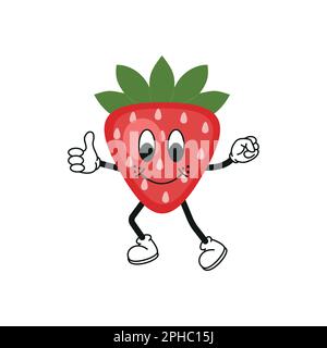 Retro-Cartoon-Frucht-Erdbeerfigur. Moderne Illustration mit niedlichen Comicfiguren. Handgezeichnete Kritzeleien mit Comic-Charakter. Trendiger Cartoon-Style Stock Vektor