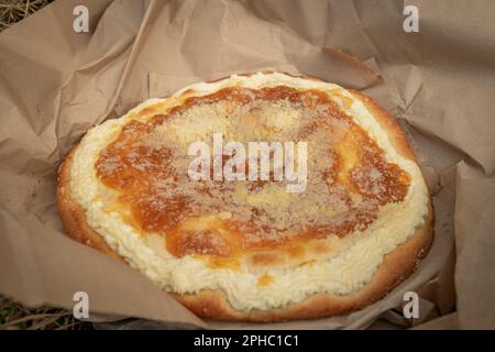 Typischer mährischer Aprikosenkuchen in altem braunem Papier auf Frühlingswiesen Stockfoto