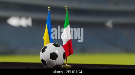 UEFA EURO 2024 Fußball Ukraine gegen Italien Qualifikation der Europameisterschaft Ukraine und Italien mit Fußball. 3D Arbeit. Eriwan, Armenien - 2023. März Stockfoto