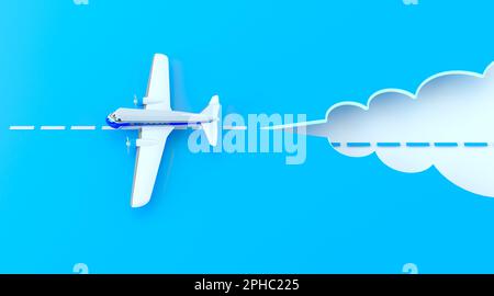 Kreatives Konzept von Flugreisen mit dem Flugzeug, Rabatte auf Tickets, Fluggesellschaft. Ein kleines Modell eines Spielzeugflugzeugs auf dem Laufsteg aus blauem Papier. Stockfoto