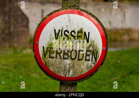 Santpoort, Niederlande, 26. März 2023: Etwas schmutzig Schild mit der Aufschrift "Fishing prohibited" (auf Niederländisch: vissen verboden) gegen ein verschwommenes Grün und Bro Stockfoto