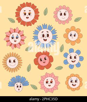 Tolle Blumenkraft. Lustige Hippie-Cartoon-Blumen im Retro-Look. Illustrationen isolierter Vektoren. Kollektion niedlicher Pflanzen im trendigen, nostalgischen Cartoon-Stil Stock Vektor