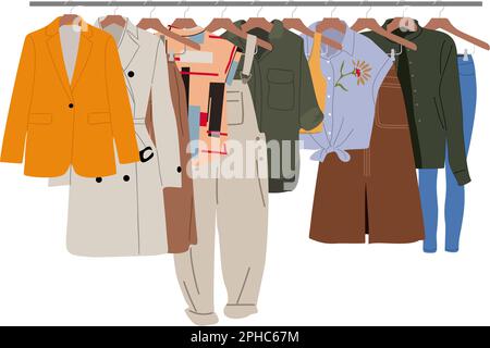 Farbige Kleidung, die an Kleiderbügeln hängt, Vektor isoliert Stock Vektor