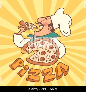 Ein Mann mit Mütze und Koch-Uniform hält und isst Pizza. Italienisches Restaurant. Lieferung köstlicher und frischer Speisen. Produkt Stock Vektor