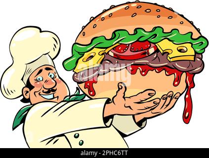 Der Koch hatte ein riesiges Burger, Fast Food Street Restaurant. Köstlicher Cheeseburger Stock Vektor
